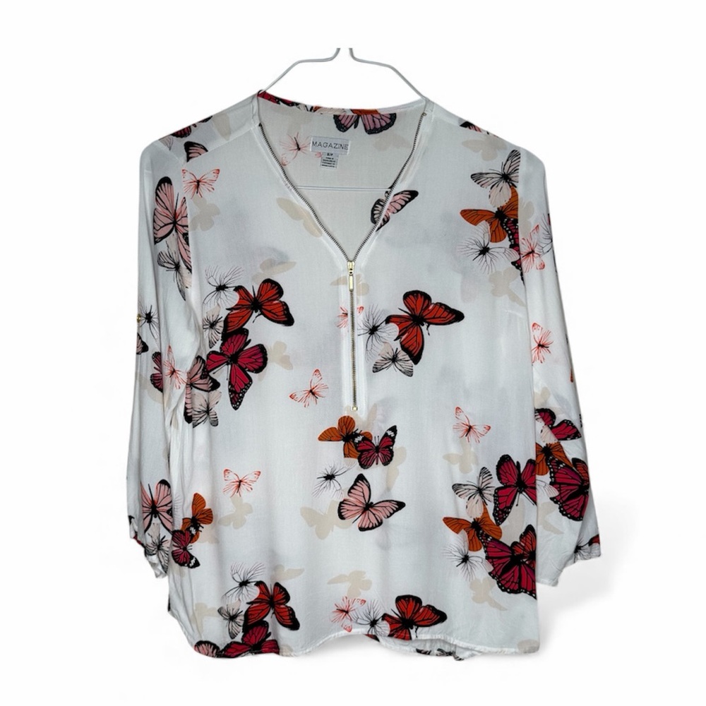 Magazine Women's Blouse with Butterfly Print - White and Red size Small